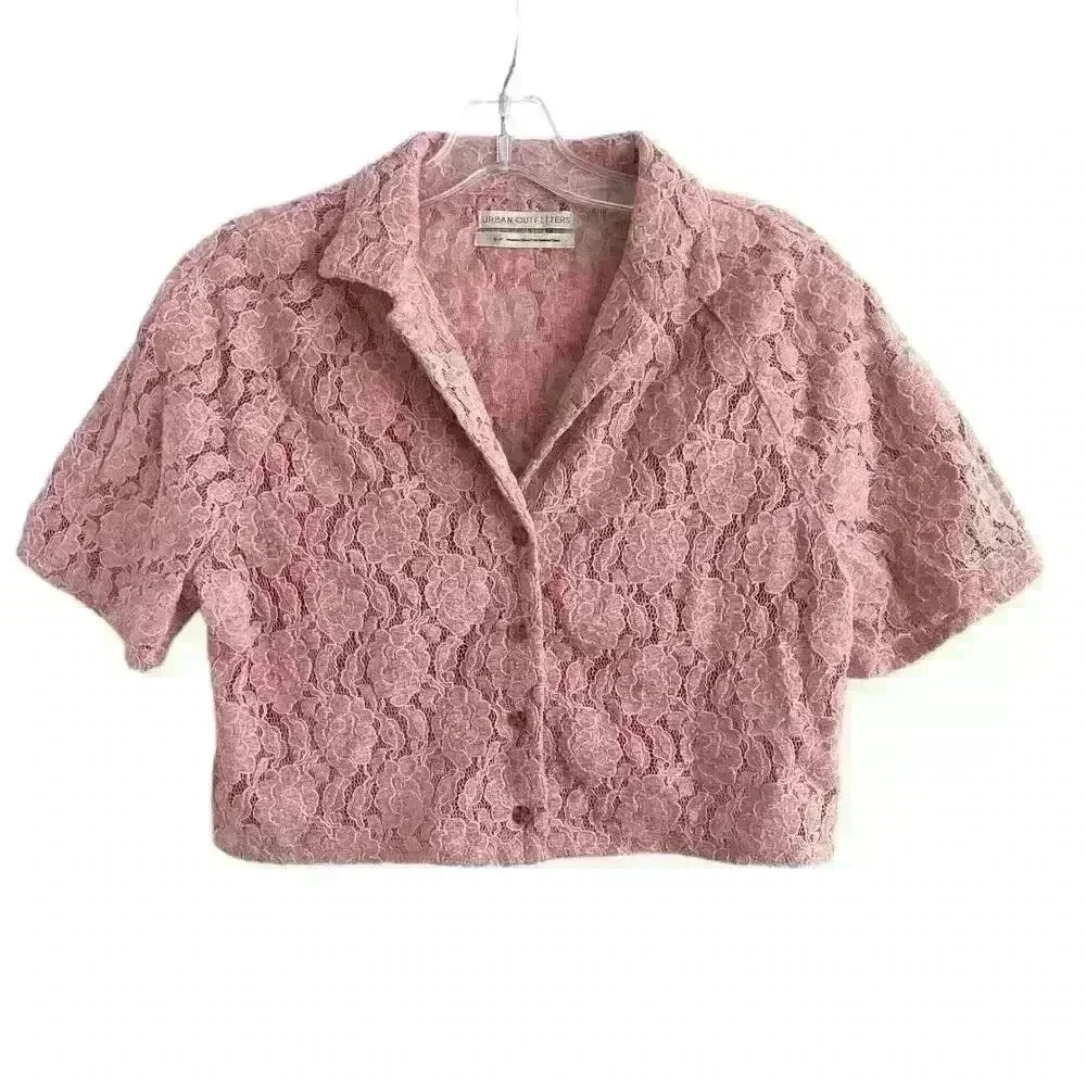 Urban Outiftters Sz SM Pink Lace Cropped Shirt Cottage Core Romantic Fairy - Picture 2 of 12